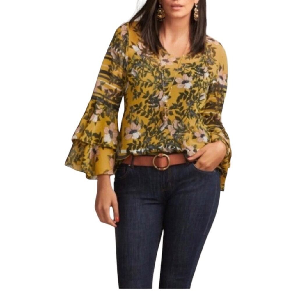 Cabi “Spring Scene” Size XS Floral Print Chiffon Blouse-Double Flounce Sleeves